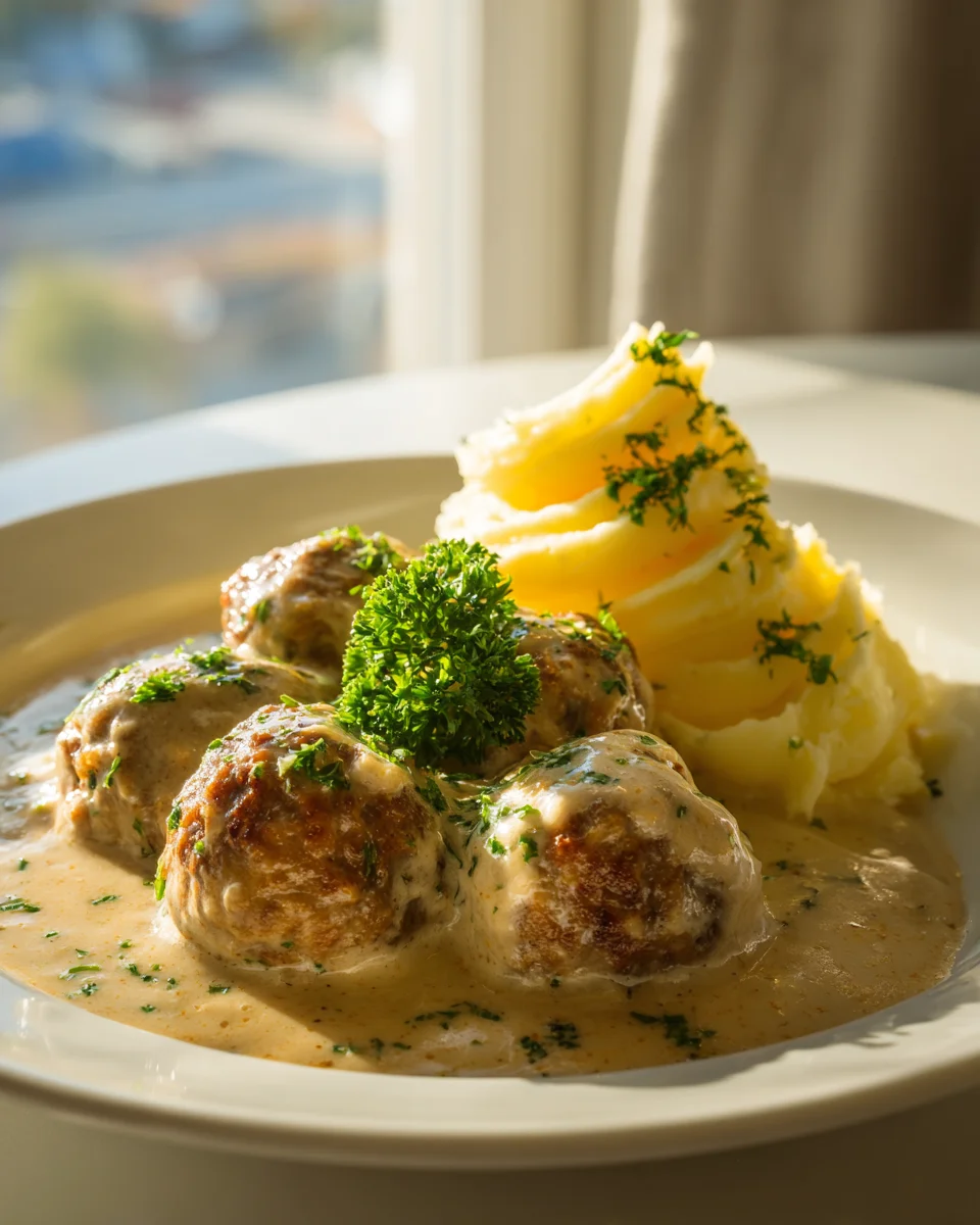 Hackbällchen in cremiger Sauce mit klassischem Kartoffelpüree