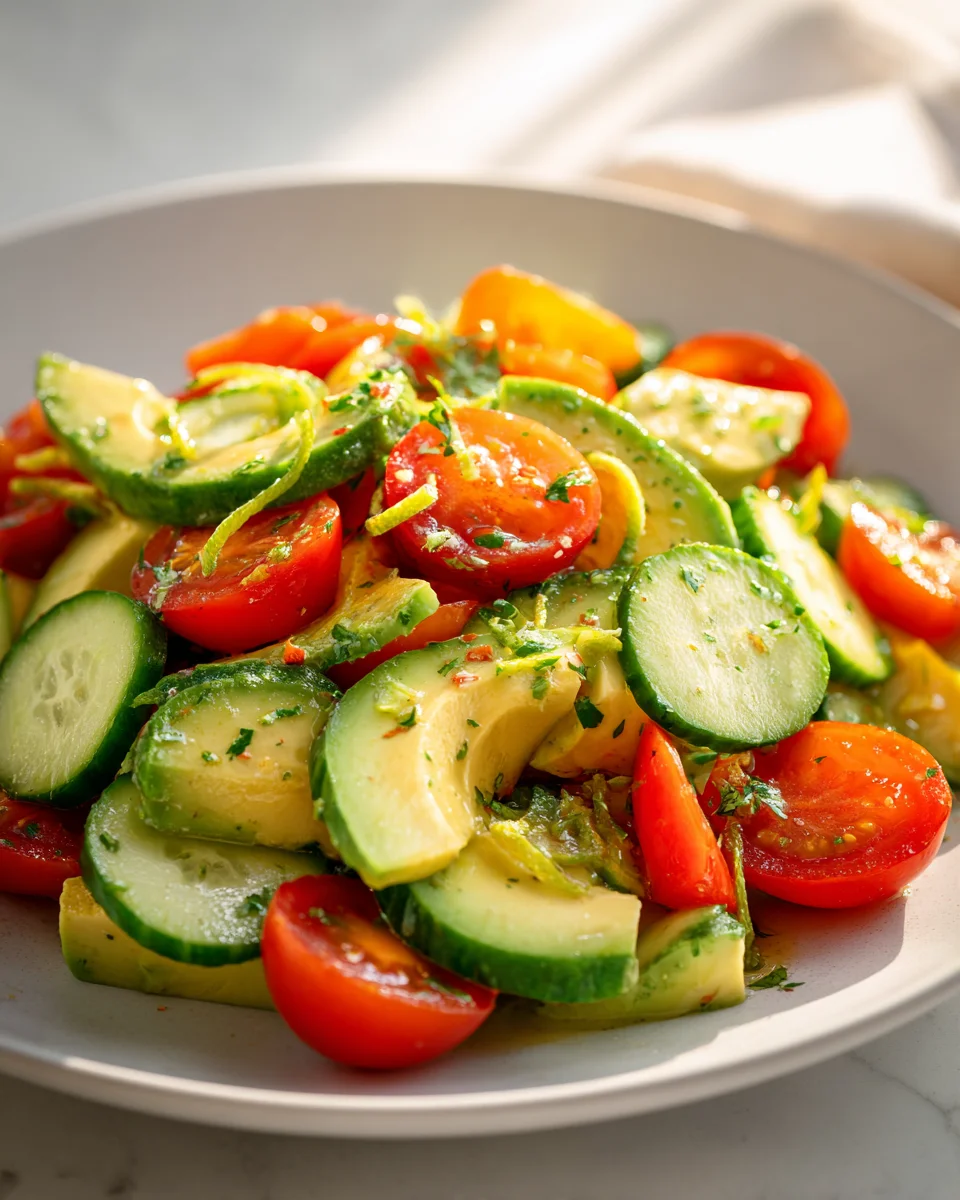 Avocado-Tomaten-Gurken-Salat mit Limetten-Vinaigrette Rezept