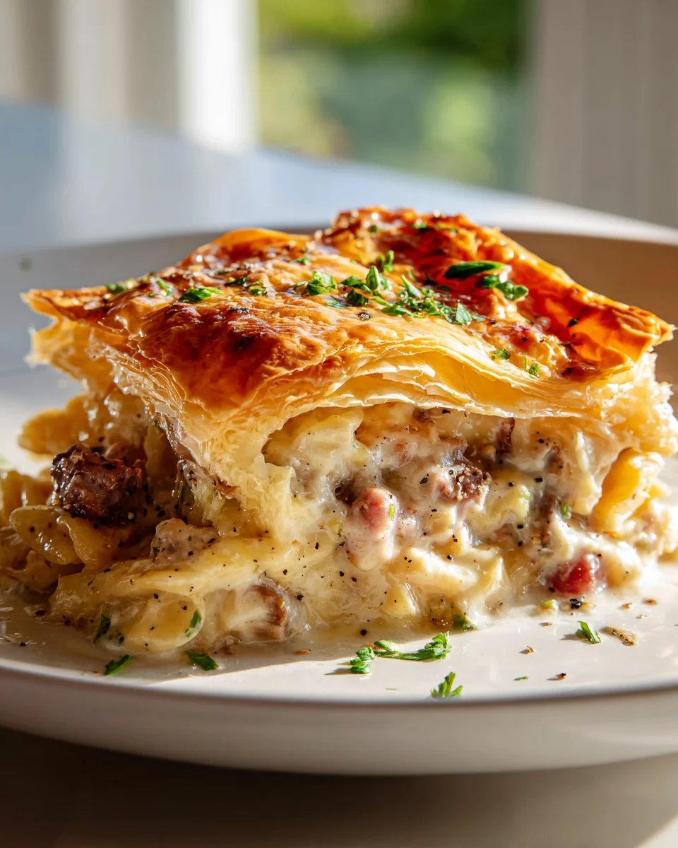 Herzhafter Rinder-Schinken-Käse-Pastete-Auflauf