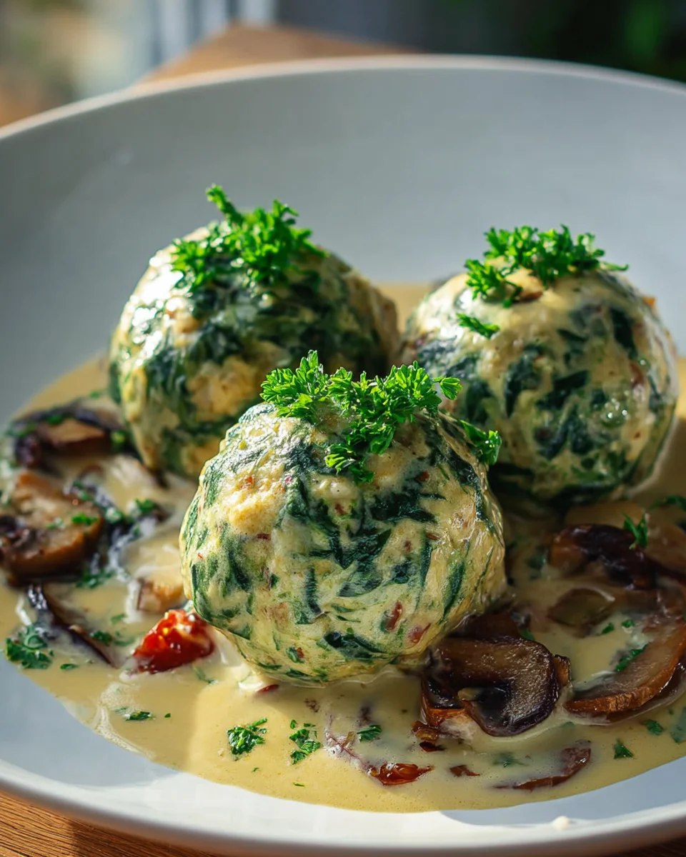 Südtiroler Spinatknödel mit cremigem Pilzrahm Rezept