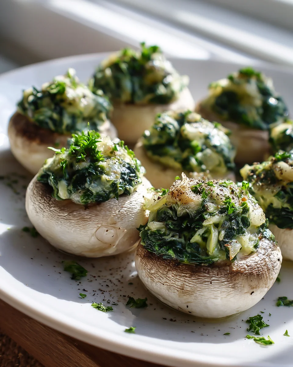Vegane Spinat-Zwiebel gefüllte Champignons mit Kräuterkruste