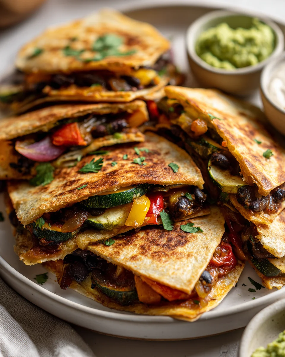 Vegane Quesadillas mit geröstetem Gemüse und schwarzen Bohnen