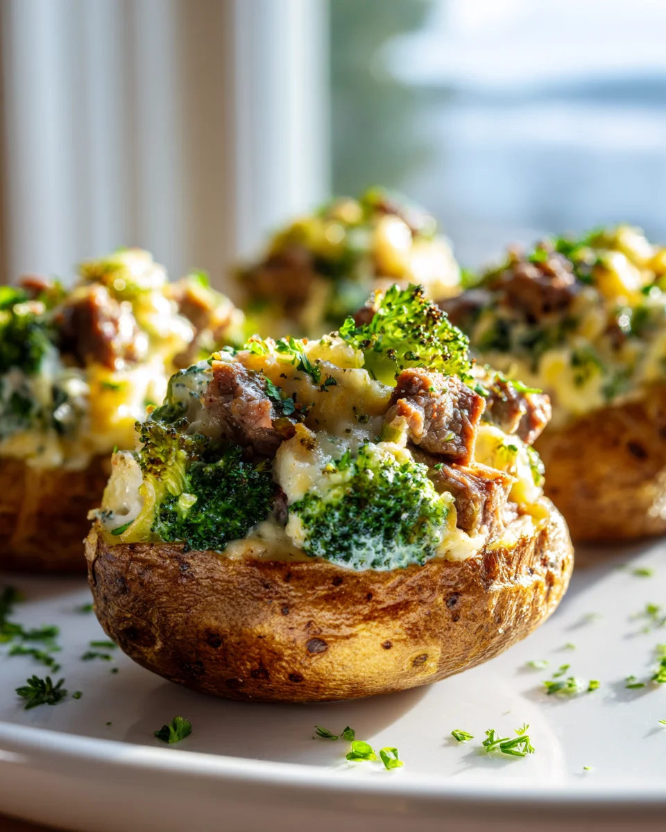 Steak gefüllte zweimal gebackene Kartoffeln mit Brokkoli & Parmesan