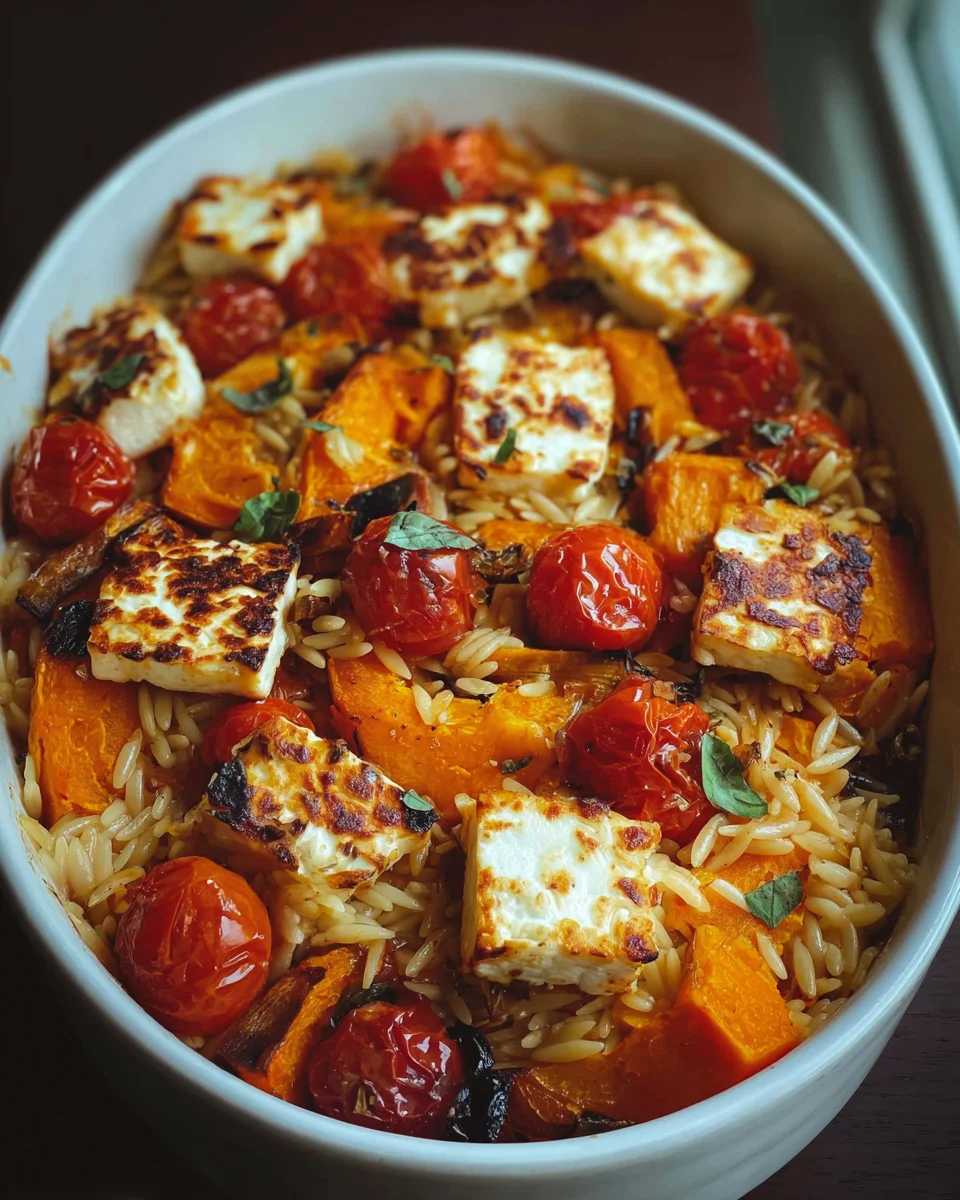 Herbstlicher Halloumi-Orzo-Auflauf