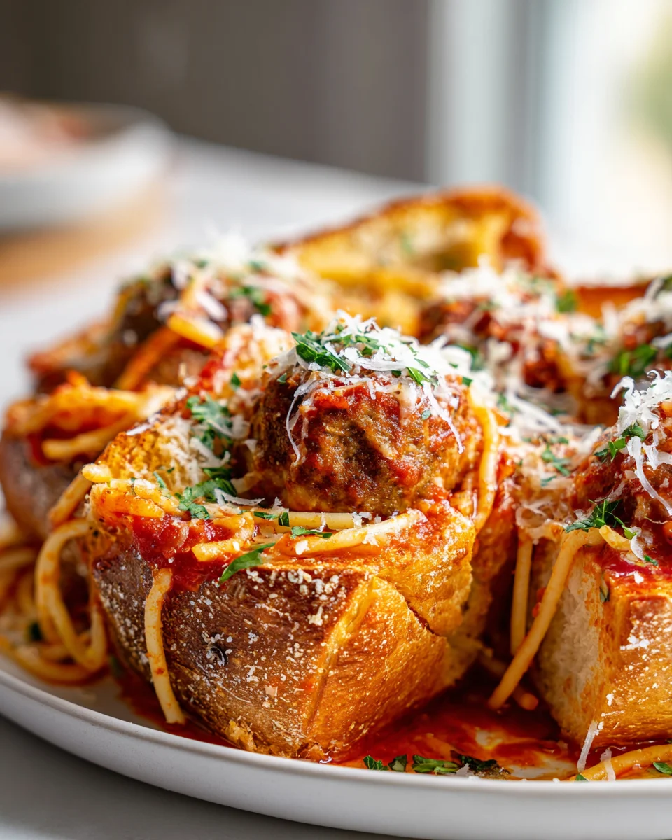 Spaghetti-Bällchen im Knoblauchbrot-Boot