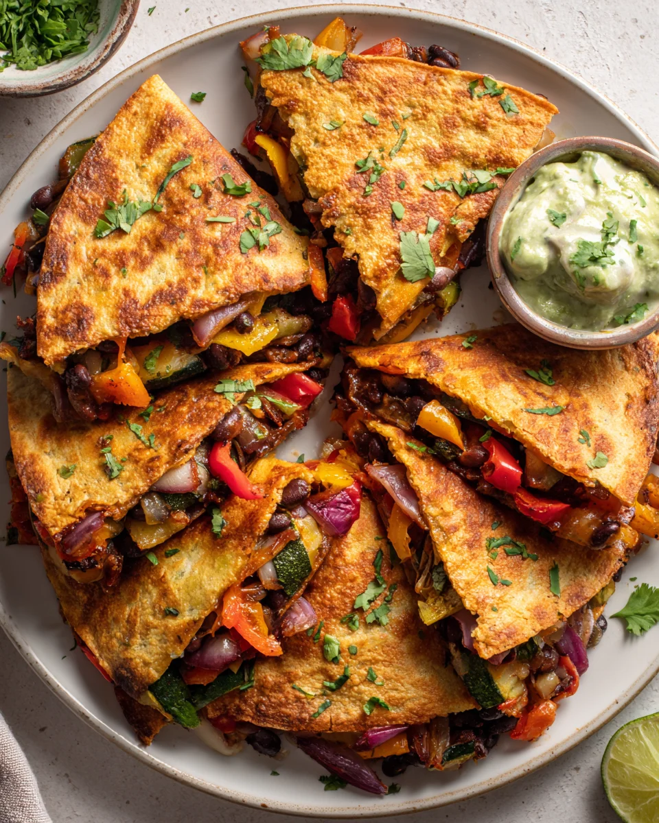 Vegane Quesadillas mit geröstetem Gemüse und schwarzen Bohnen