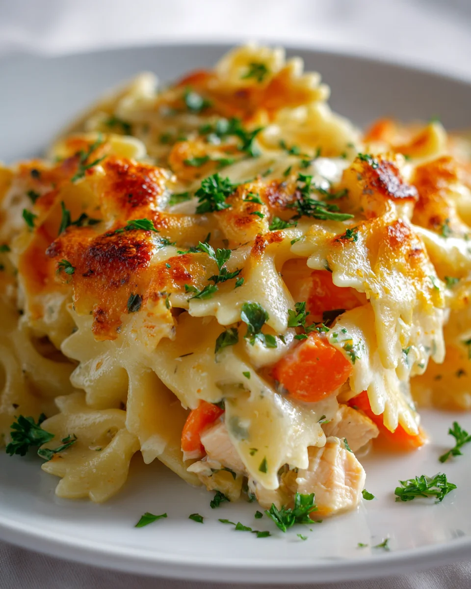 Cheddar Havarti Hähnchen Bowtie Pasta Auflauf mit Karotten