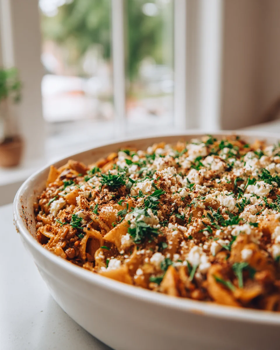 Veganer Griechischer Nudelauflauf mit Linsen und Feta genießen!