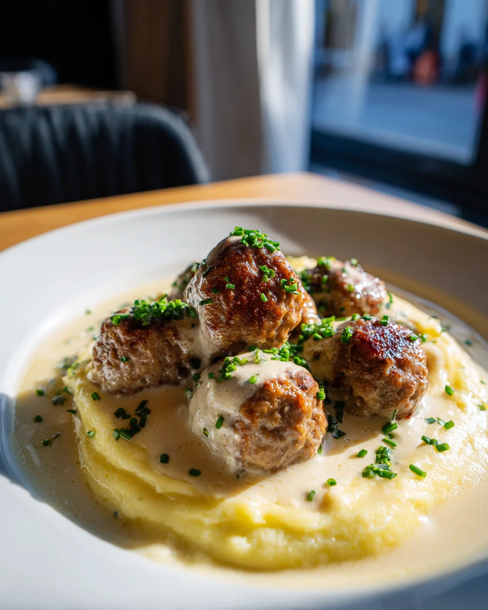 Saftige Hackbällchen in cremiger Sahnesauce mit Püree